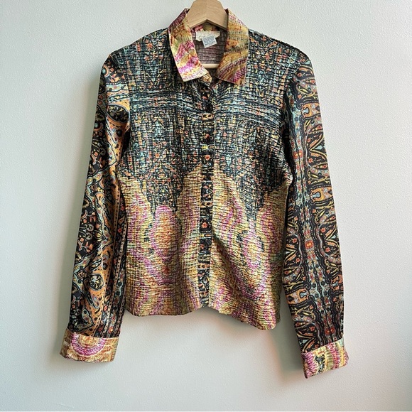 Cache Y2K 2000s USA Made Crinkle Textured Long Sleeve Abstract Artsy Top Size M - Picture 2 of 4